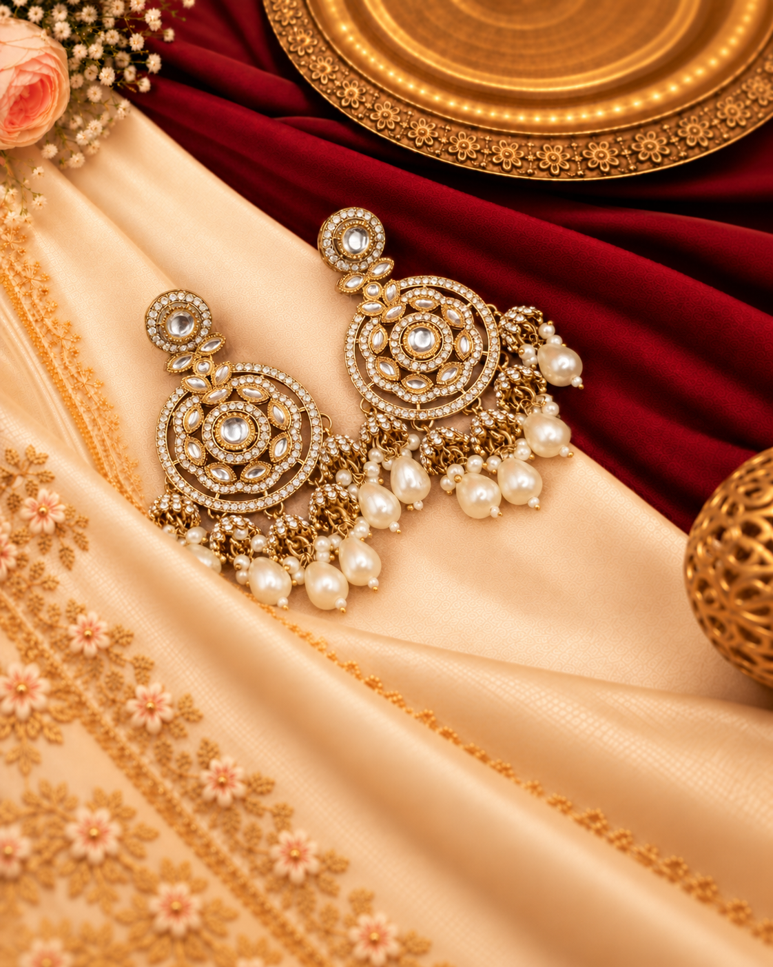 Intricate Floral Motif Chandbali Earrings with Mini Jhumka Drops