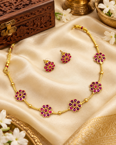 Minimalist Floral Stone Choker Necklace Set with Matching Earrings