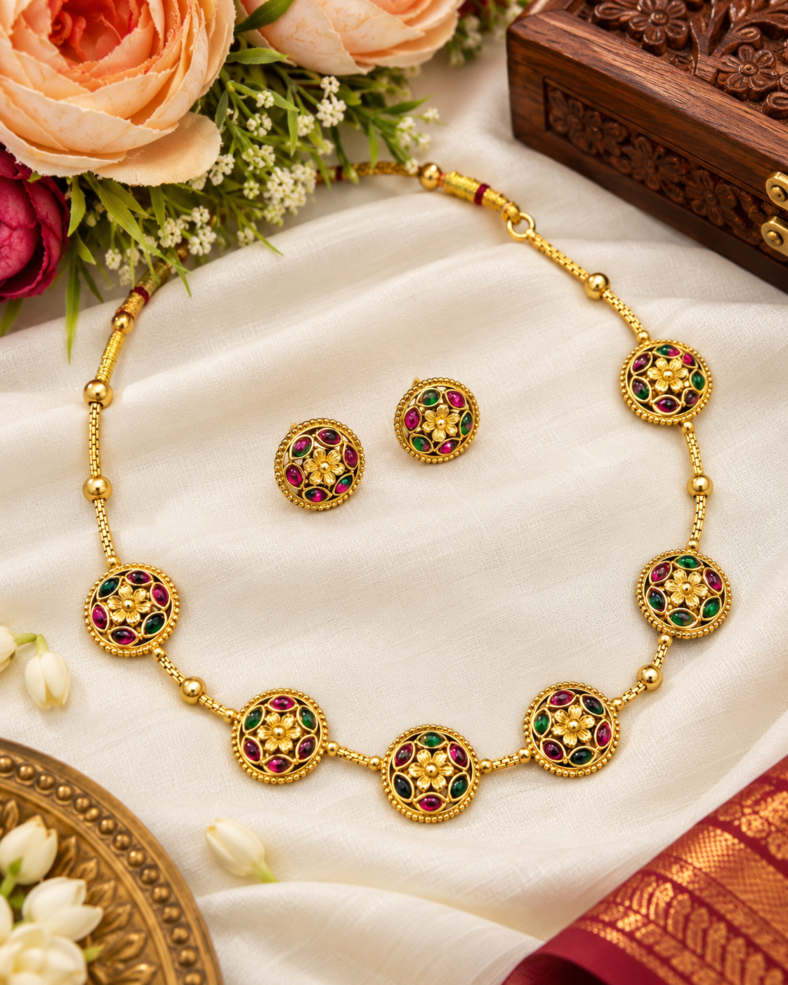 Gold-Tone Floral Medallion Necklace & Stud Earrings Set