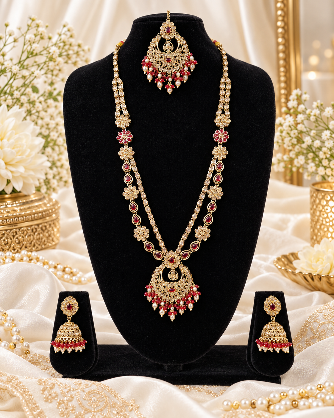Rose Petal Pink Stone Long Necklace Set with Jhumkas