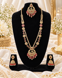 Rose Petal Pink Stone Long Necklace Set with Jhumkas