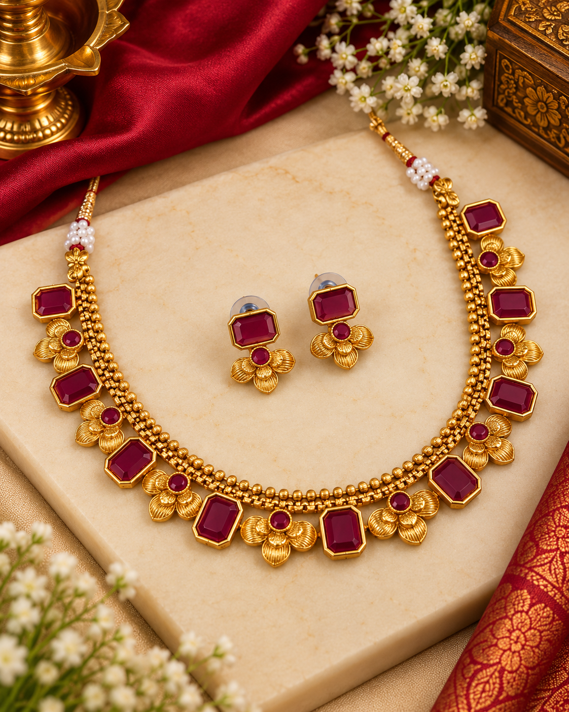 Ethnic Matte Gold Green Stone Choker Set