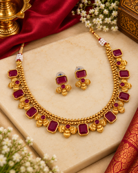 Ethnic Matte Gold Green Stone Choker Set