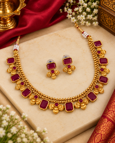 Ethnic Matte Gold Green Stone Choker Set