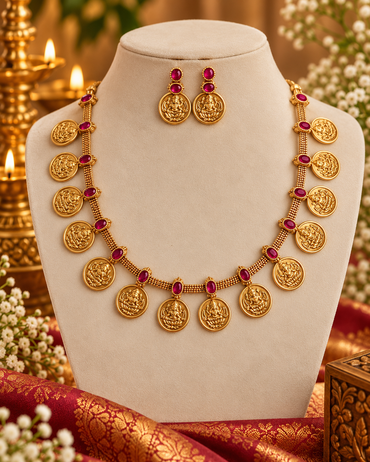 Elegant Pearl Accent Lakshmi Kasu Mala Necklace Set
