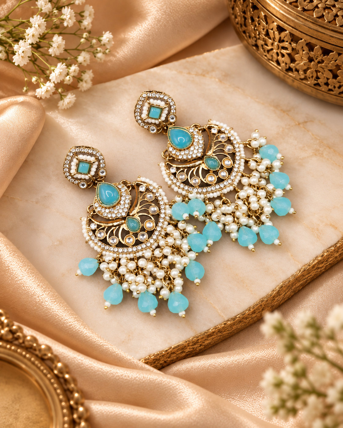 Statement Chandbali Earrings with Pearl & Bead Drops