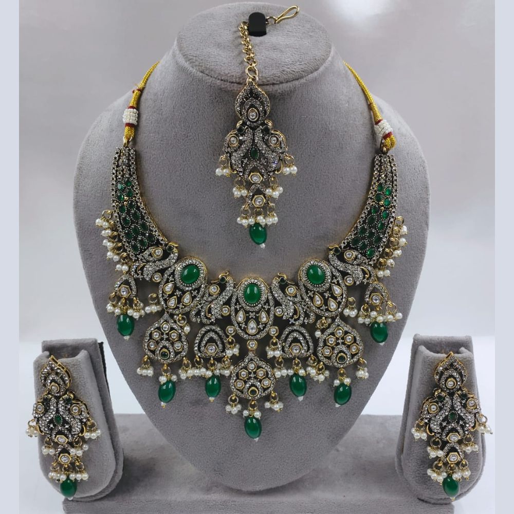 Mehandi Plated Traditional Peacock Design Kundan Jewellery Set With Earrings & Mangtika Set For Women