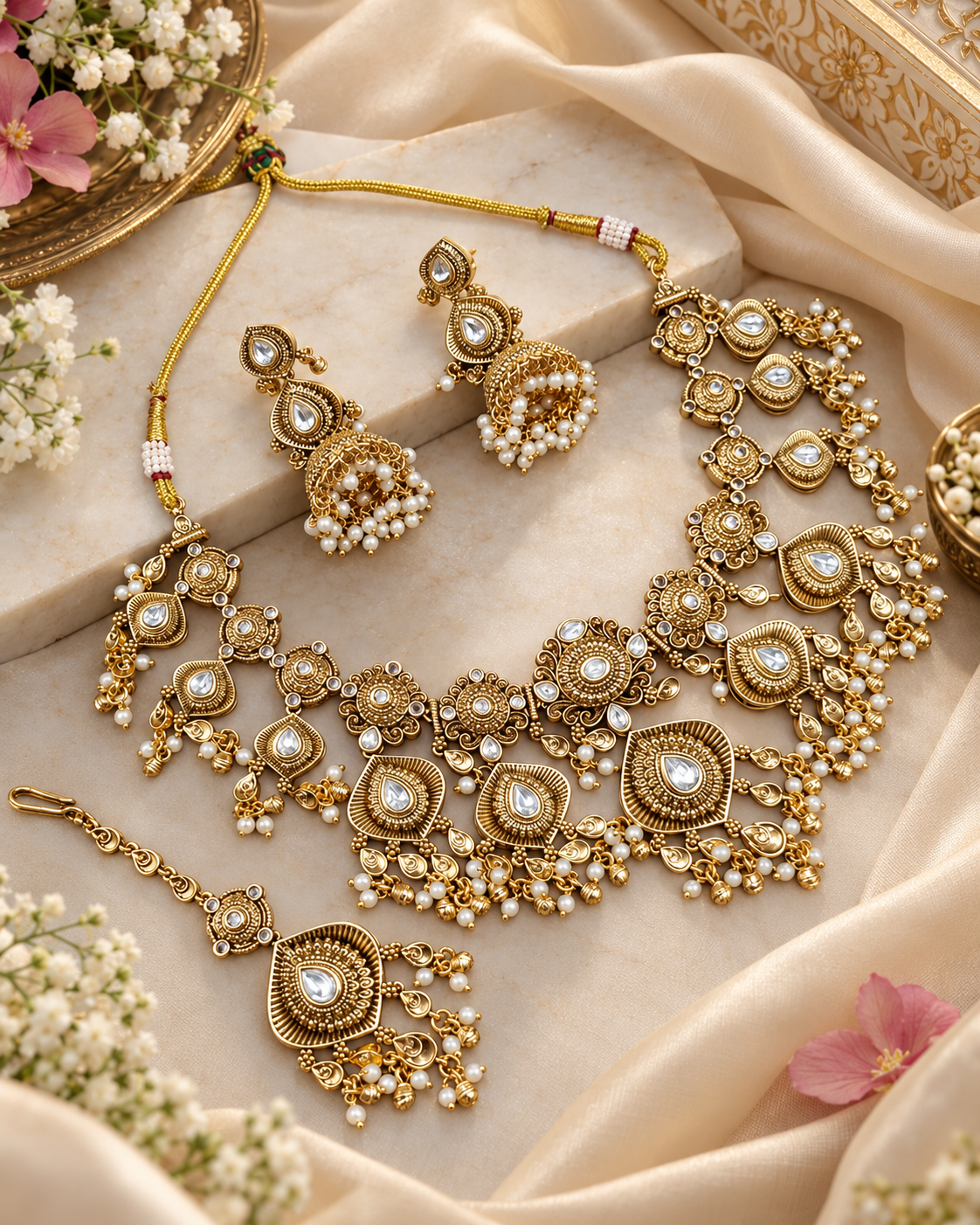 Antique Gold Floral Necklace Set with Jhumka Earrings & Maangtikka