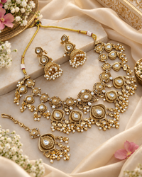 Antique Gold Floral Necklace Set with Jhumka Earrings & Maangtikka