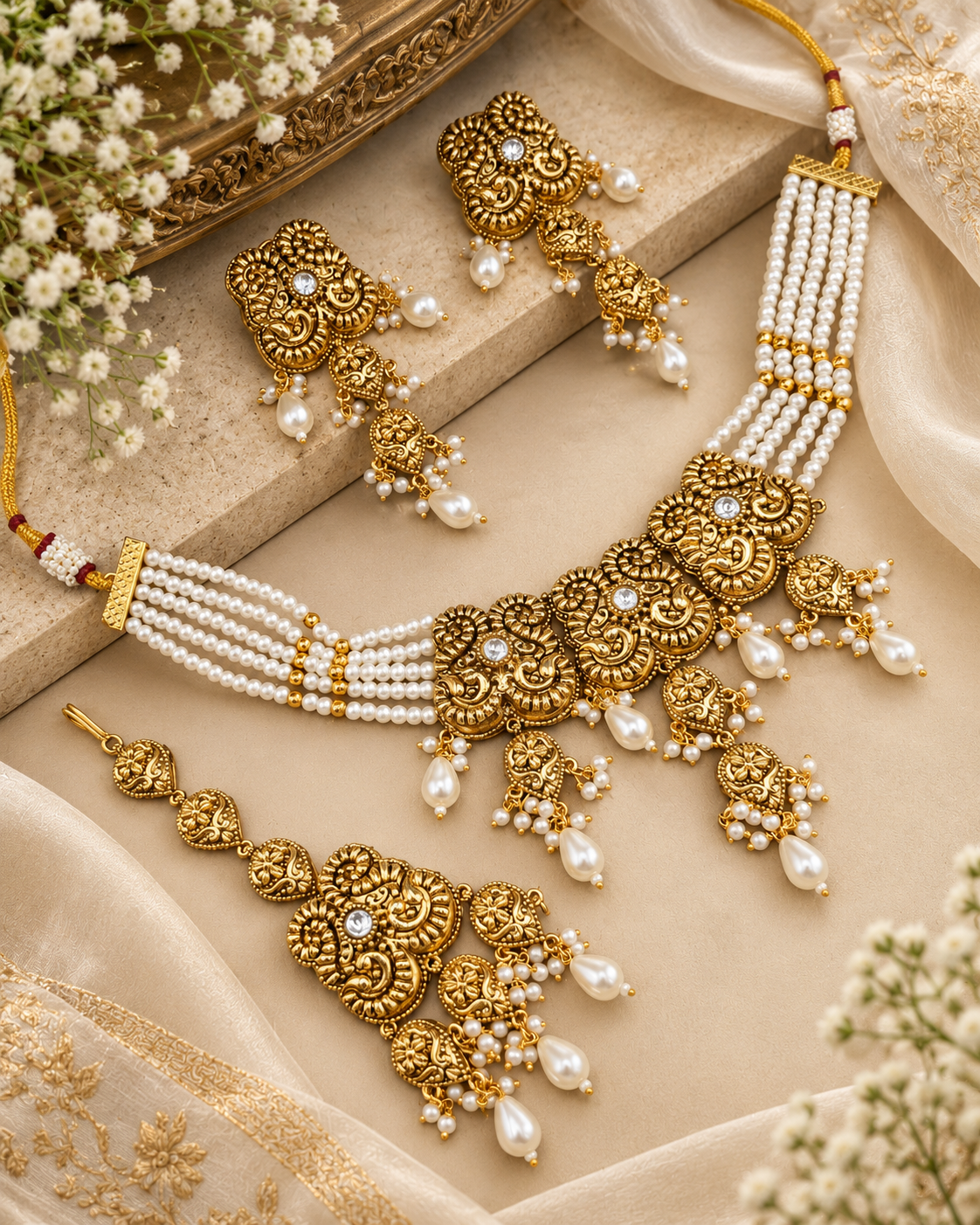 Antique Gold Pearl Strand Choker Necklace Set with Earrings & Maangtikka