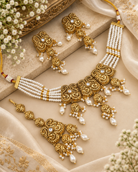 Antique Gold Pearl Strand Choker Necklace Set with Earrings & Maangtikka