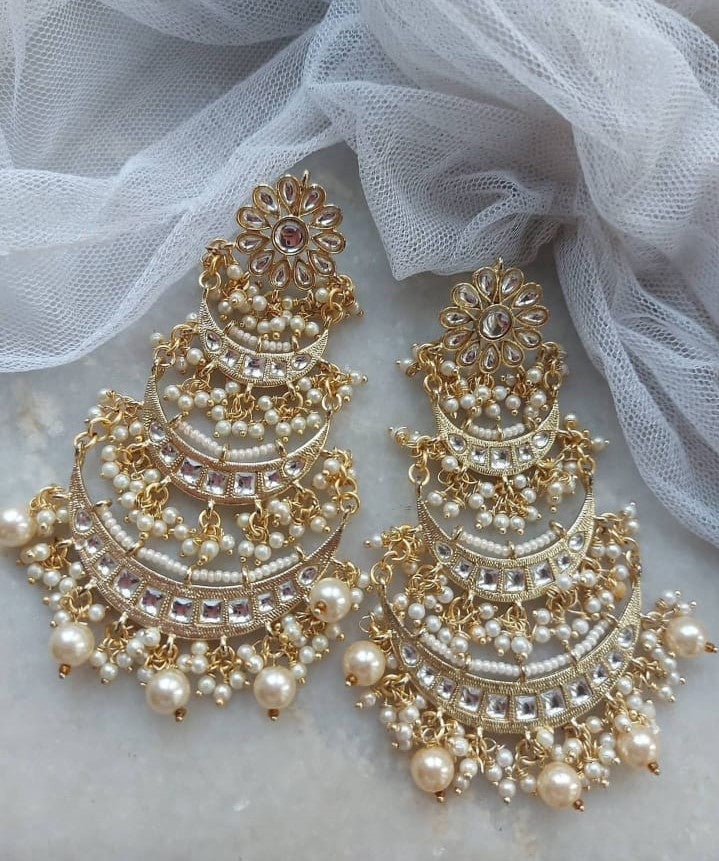 Three-Layered Kundan Chandbalis featuring Pearl Earrings