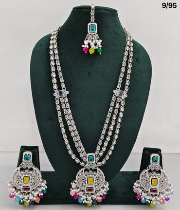 Long CZ Necklace Set with Earrings – Layered Traditional Jewelry for Special Occasions