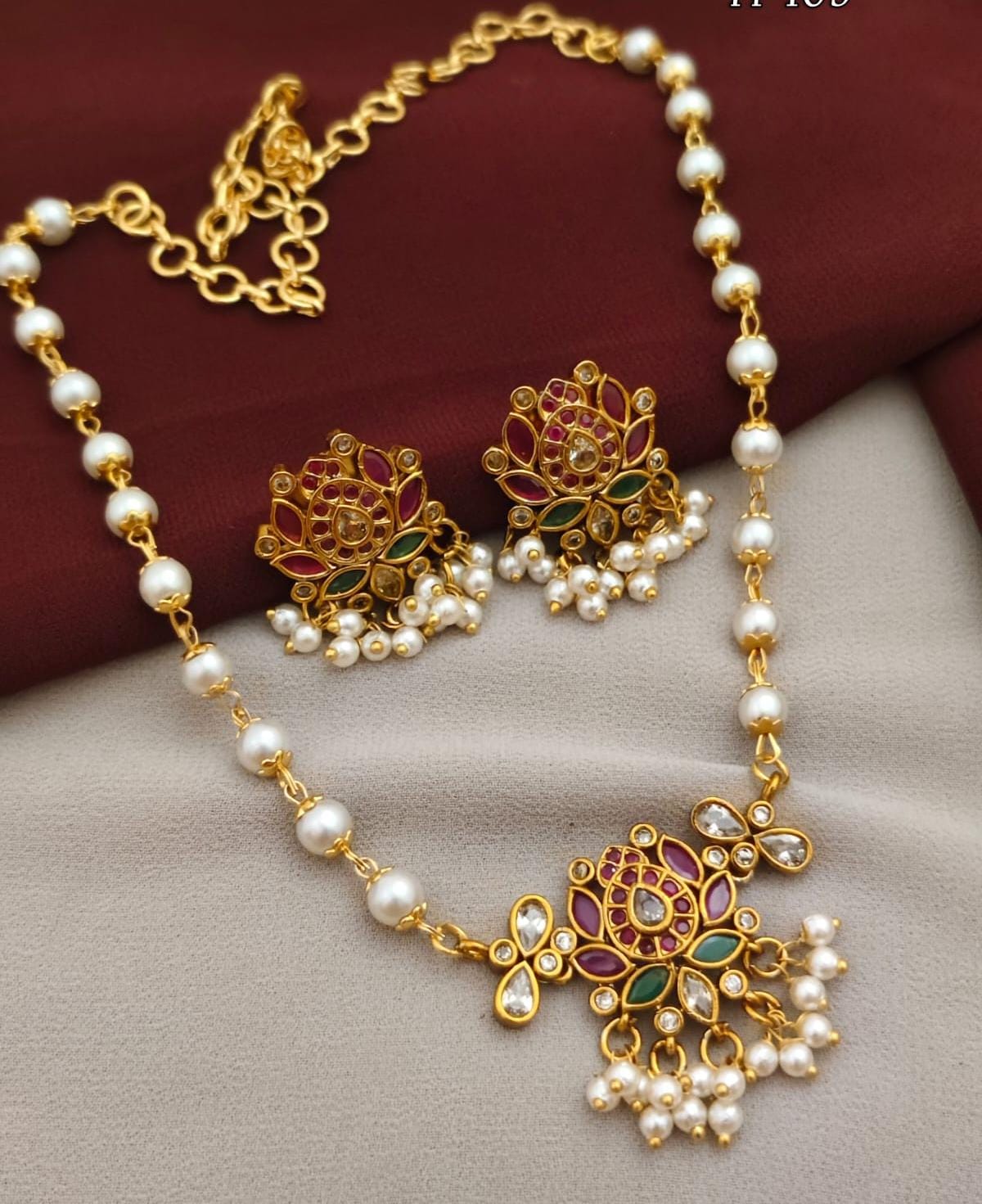 Pink Lotus Necklace with Pearl Clusters Necklace Set