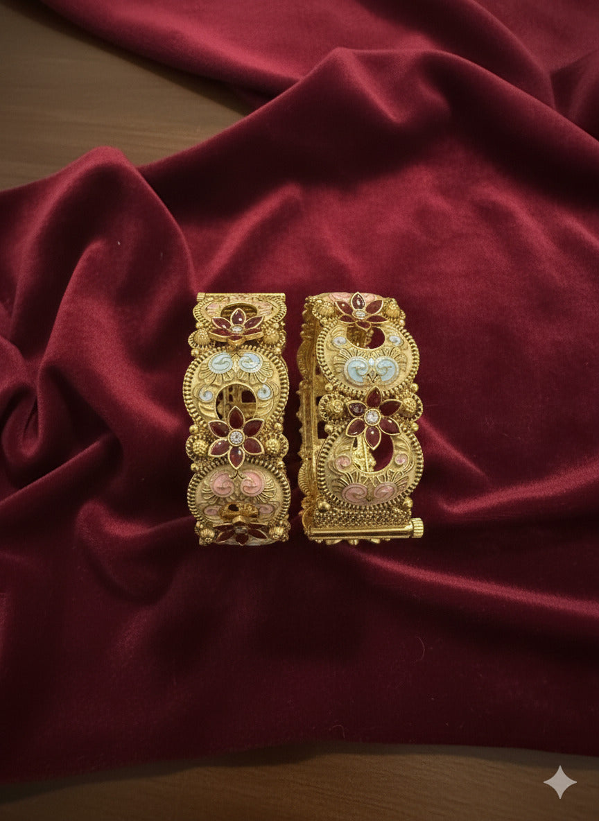 Broad Pastel Meenakari Kadas with Ruby Accents