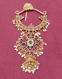 Traditional Antique Gold Temple Hair Clip with Jhumki & Pearl Drops