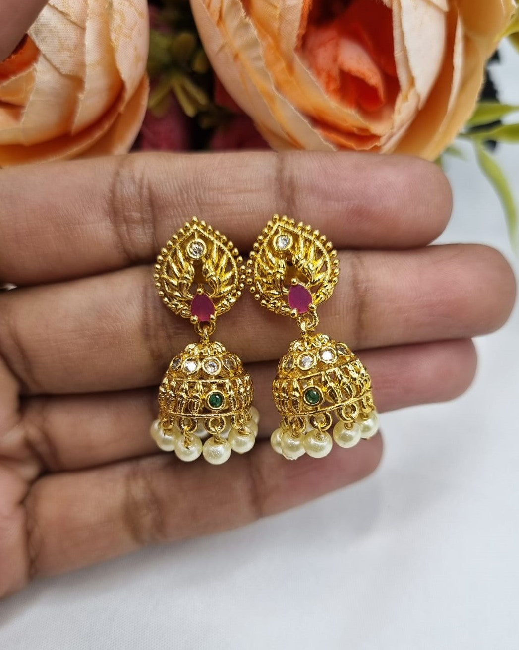 Leaf Motif Stud Filigree Jhumka Earrings with Hanging Pearls