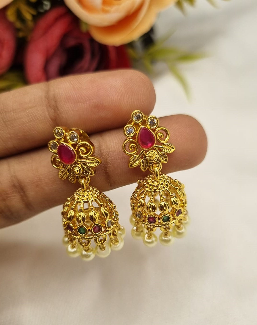 Floral Stud Filigree Bell Jhumka Earrings with Hanging Pearls