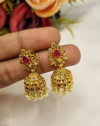 Floral Stud Filigree Bell Jhumka Earrings with Hanging Pearls