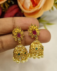 Lotus Motif Stud Filigree Jhumka Earrings with Hanging Pearls