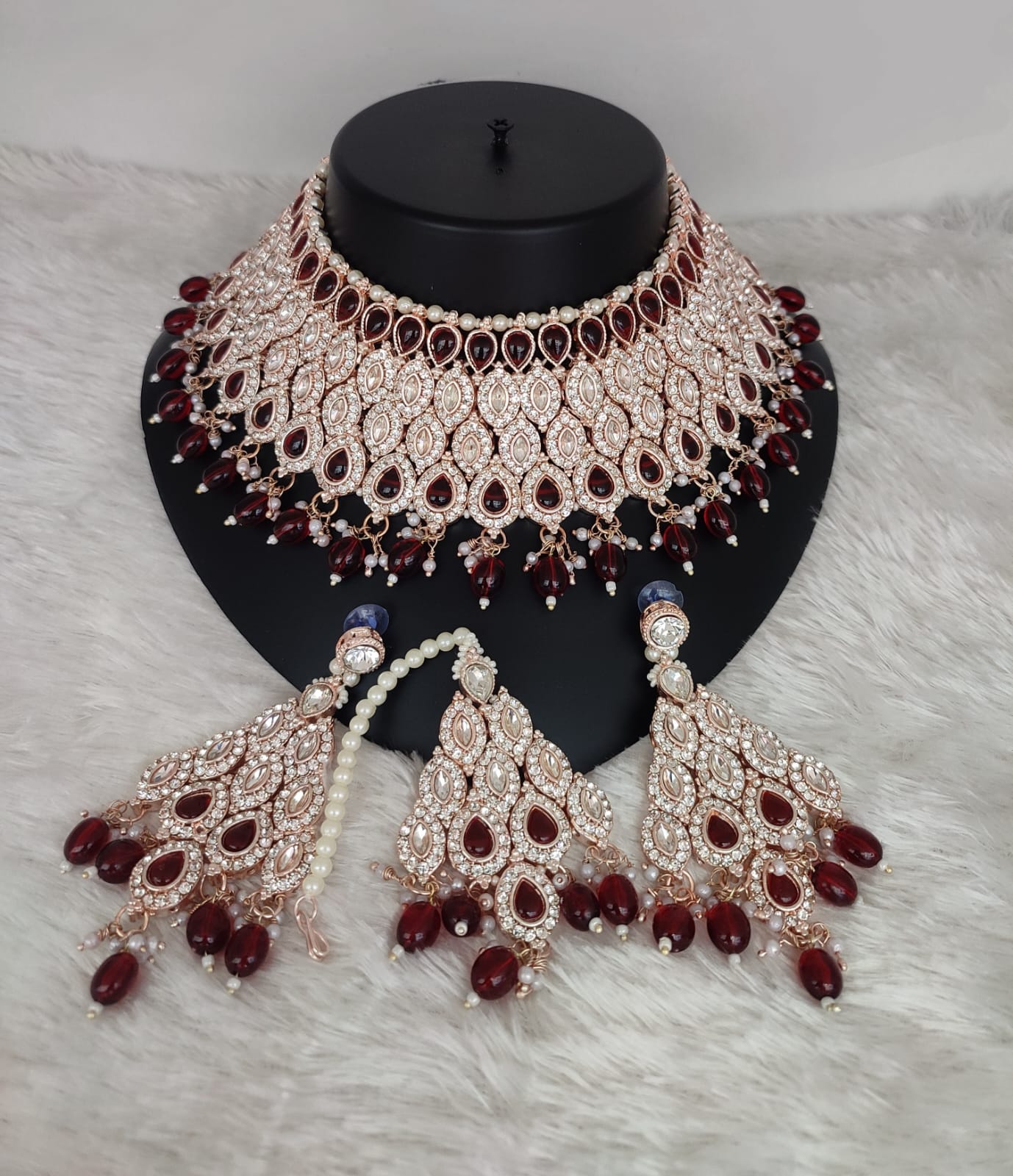 Rose Gold Bridal Choker Set with Crimson Red Teardrop Stones