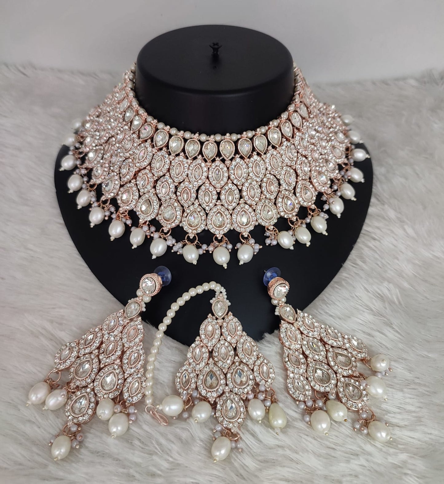 Rose Gold Bridal Choker Set with Crimson Red Teardrop Stones