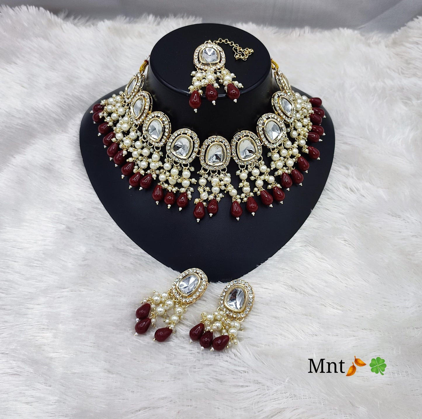 Wine Beads & Pearl Clusters Jewellery Set
