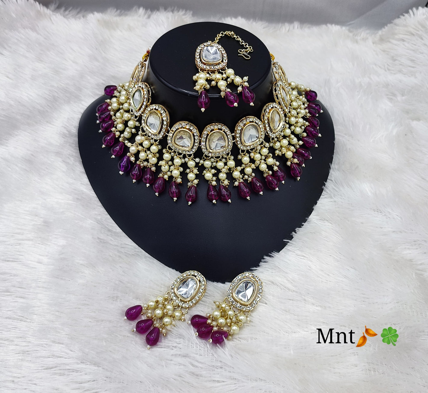Wine Beads & Pearl Clusters Jewellery Set