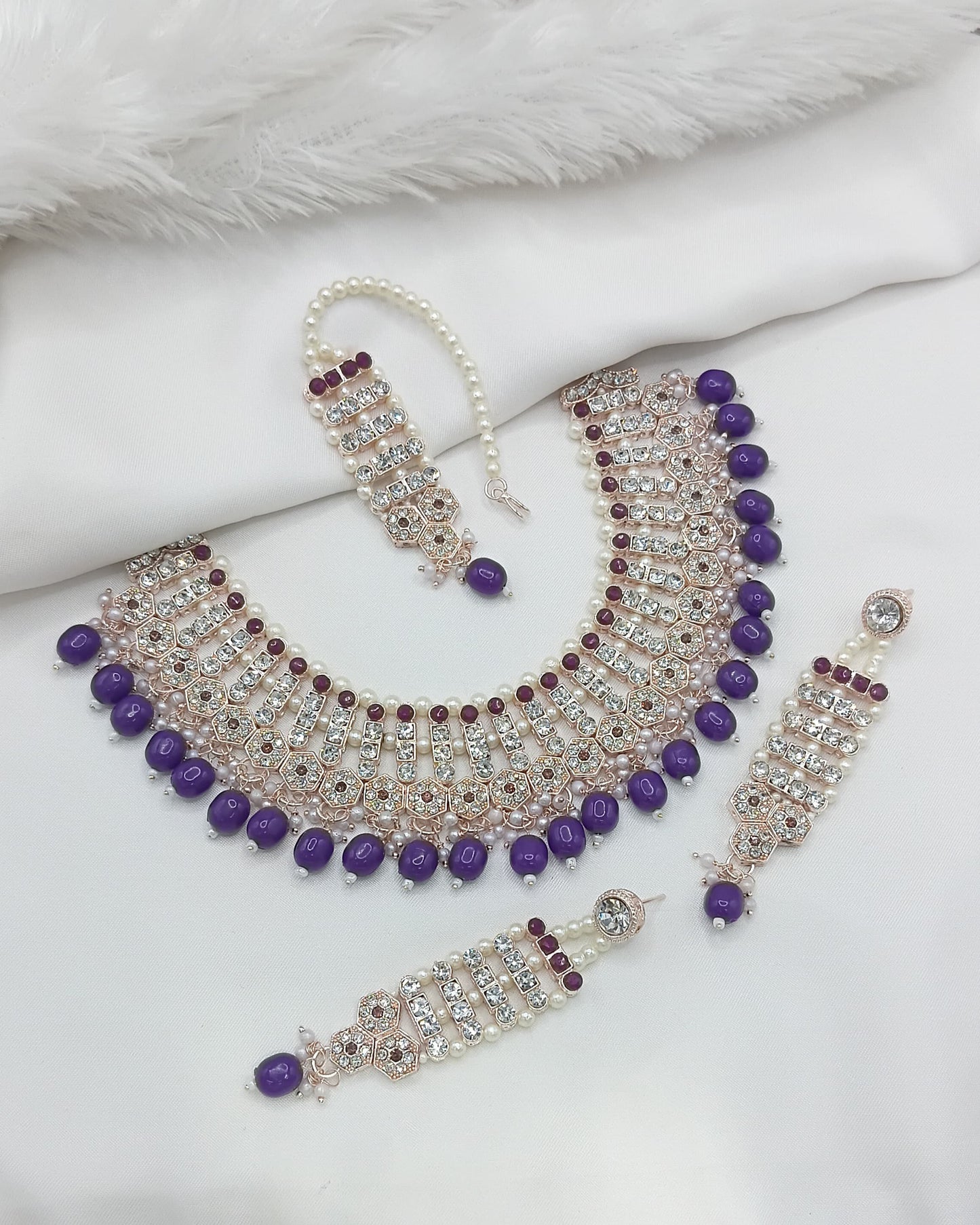 Maroon Stone & White Crystal Bridal Jewellery Set