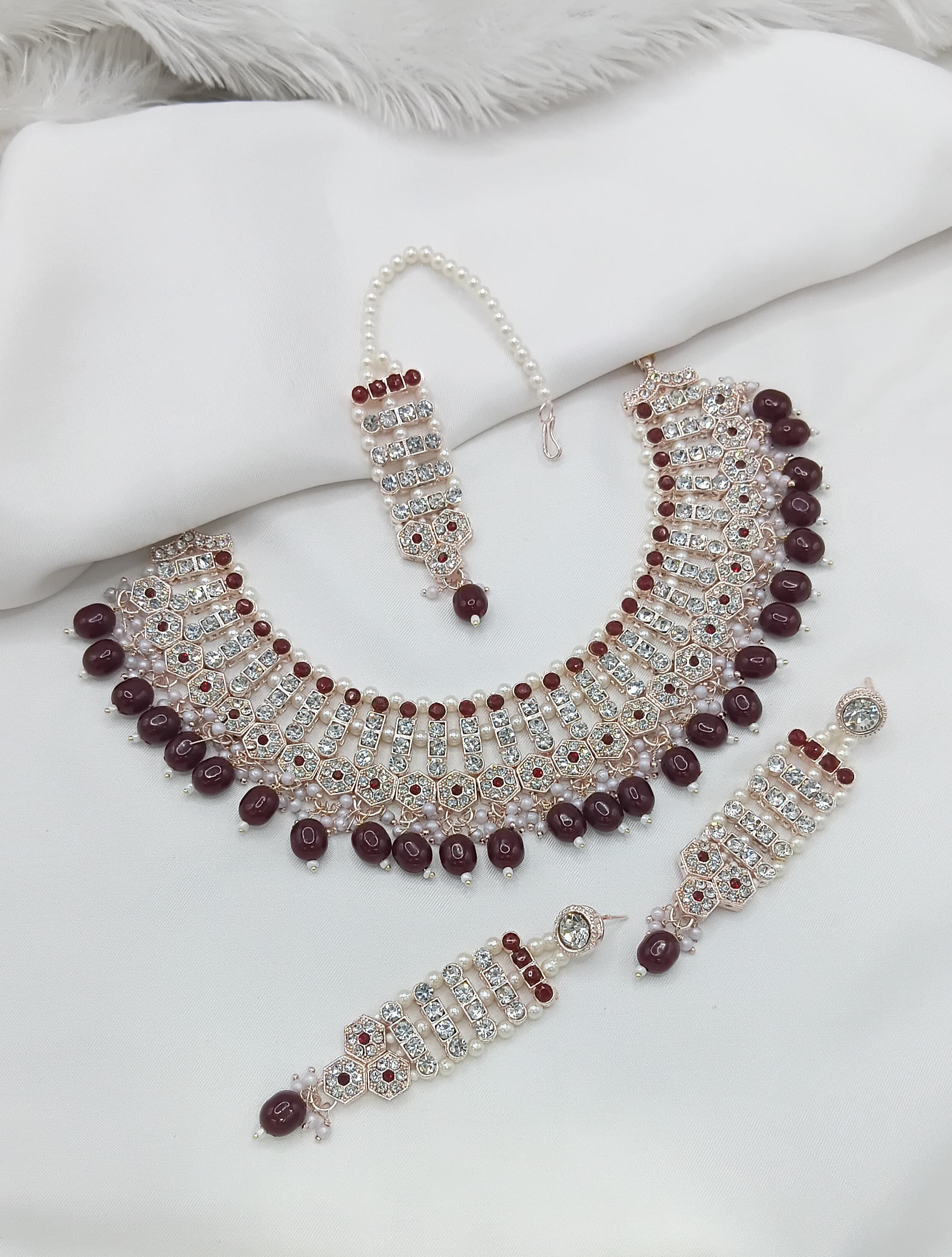 Maroon Stone & White Crystal Bridal Jewellery Set