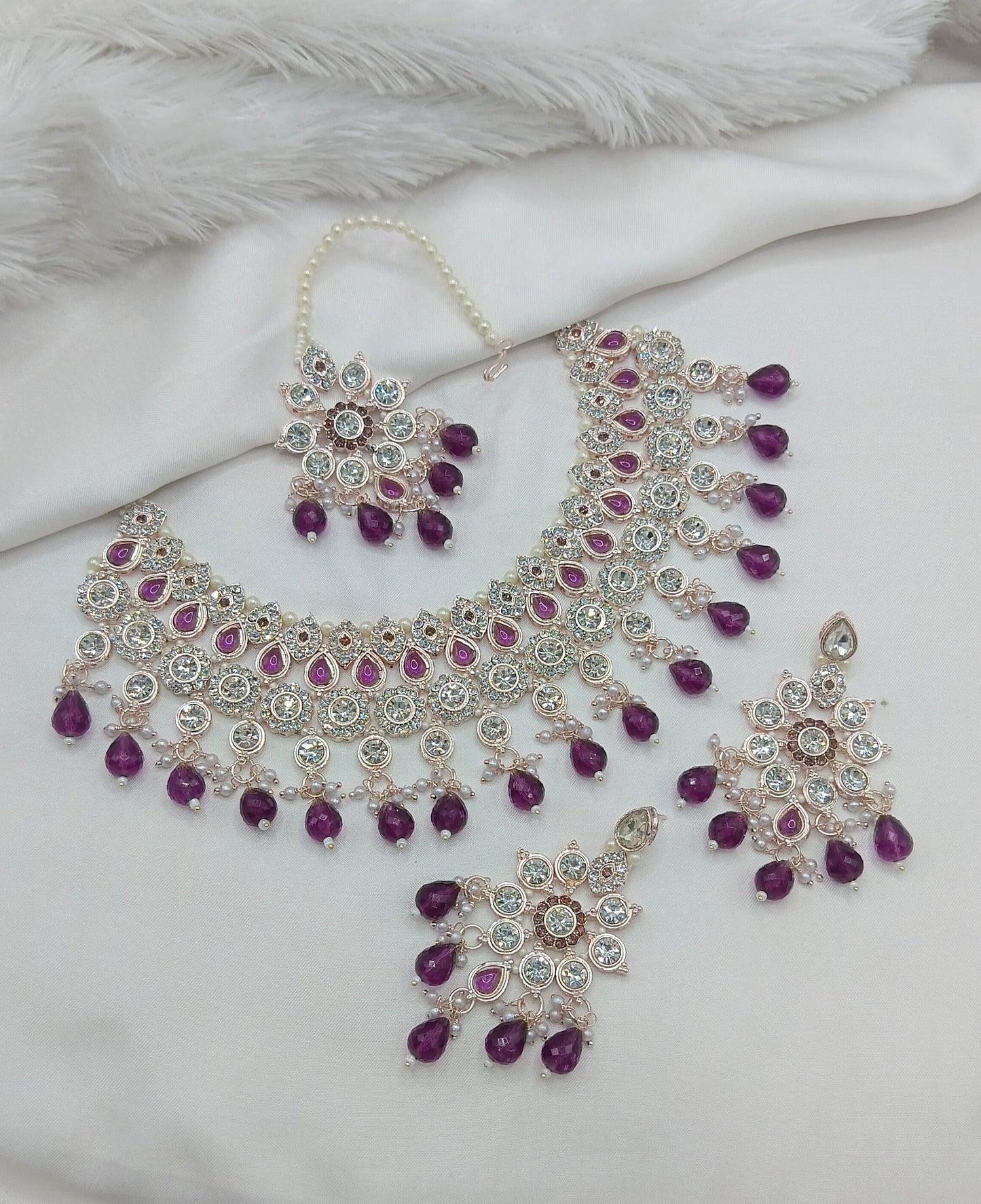 Purple & White Stone Bridal Choker Set