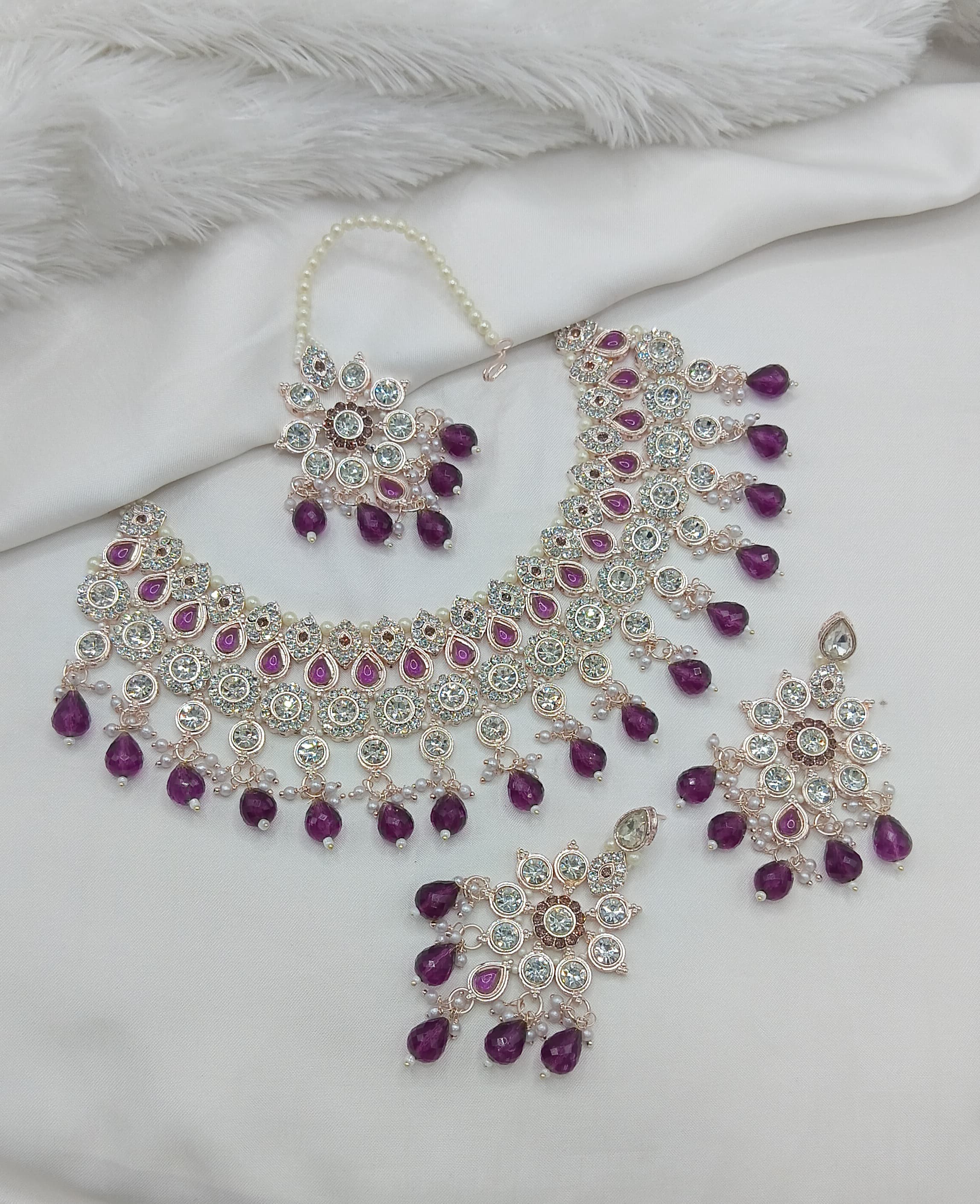 Purple & White Stone Bridal Choker Set