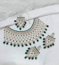 Grand Emerald & White Stone Bridal Choker Set with Maang Tikka