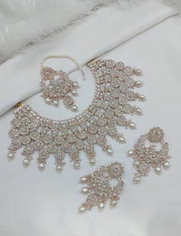 Rose Gold & White Stone Bridal Choker Set with Pearls