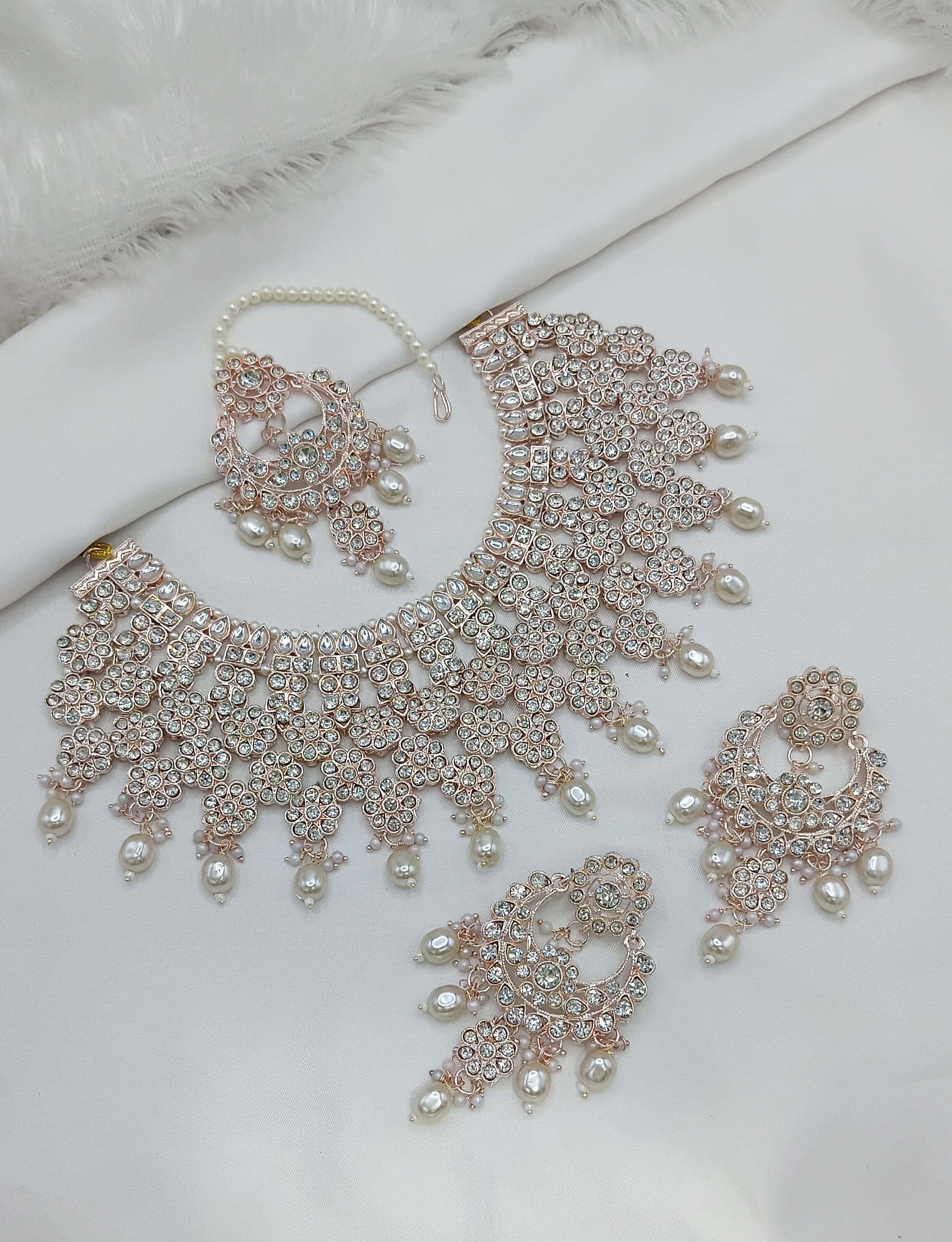 Rose Gold & White Stone Bridal Choker Set with Pearls