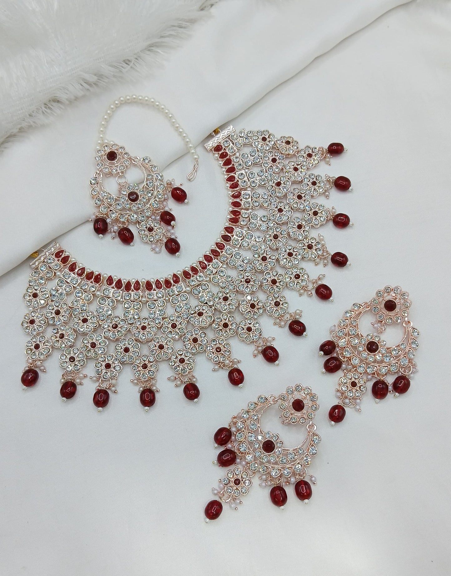 Rose Gold & White Stone Bridal Choker Set with Pearls