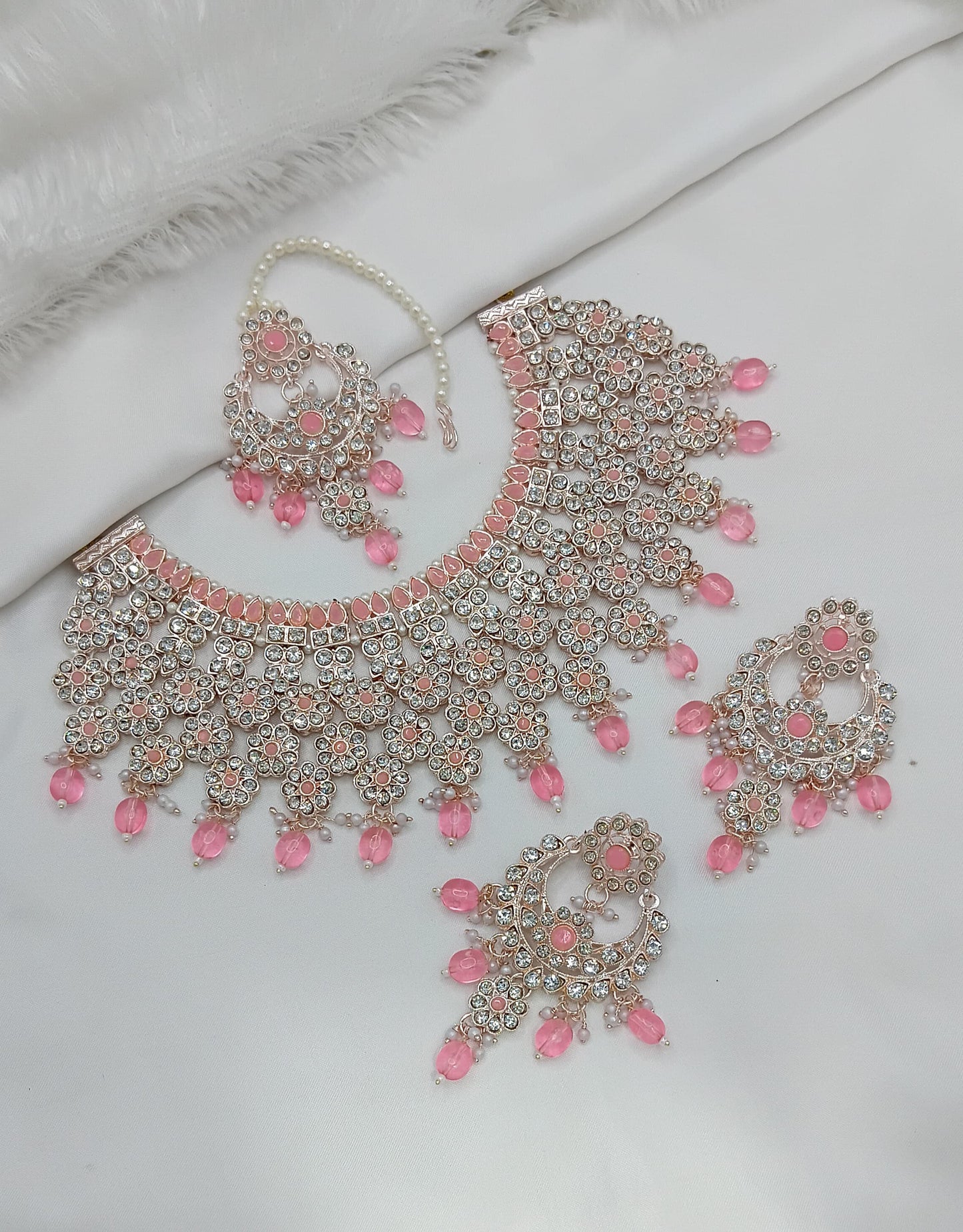 Rose Gold & White Stone Bridal Choker Set with Pearls