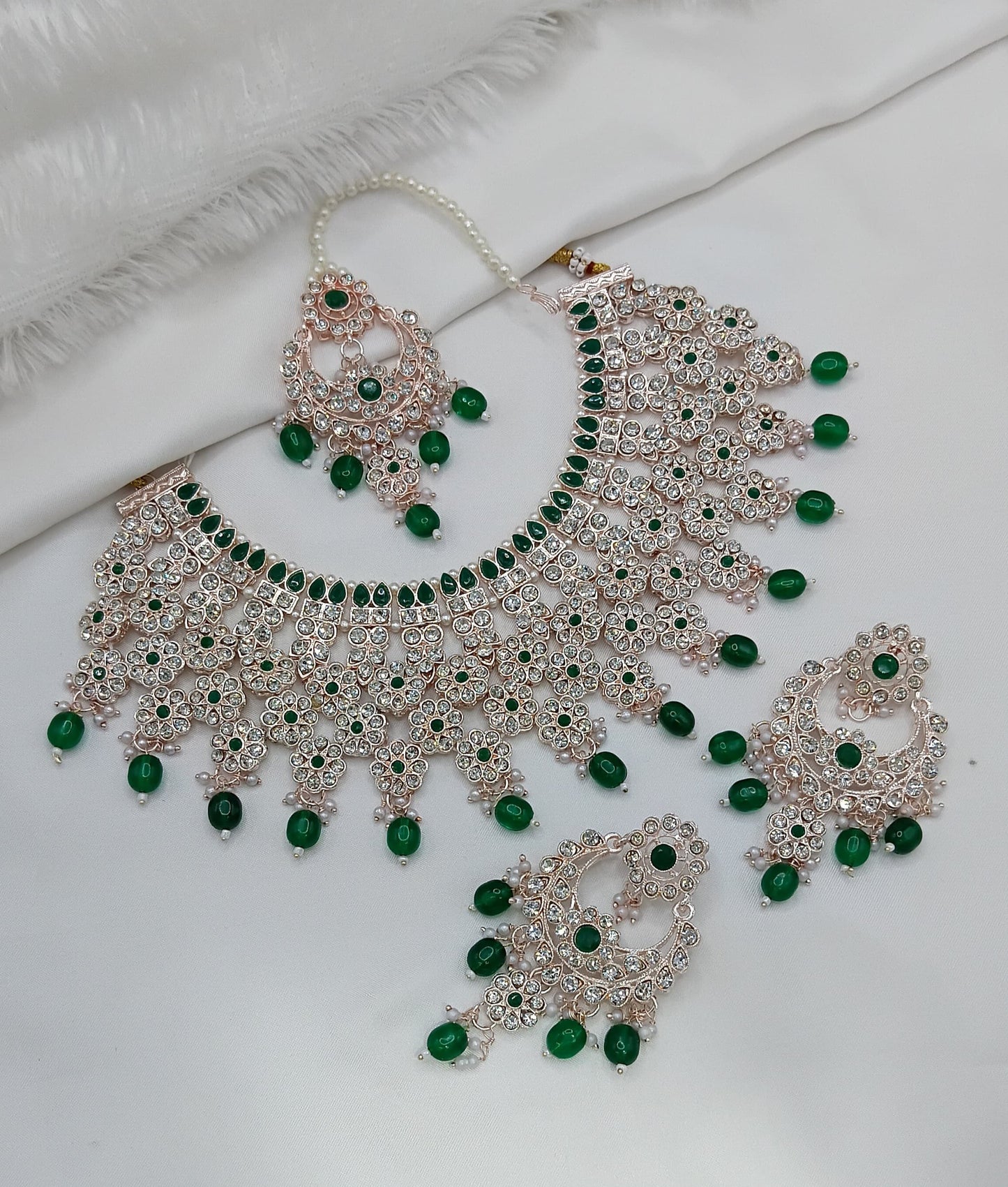 Rose Gold & White Stone Bridal Choker Set with Pearls