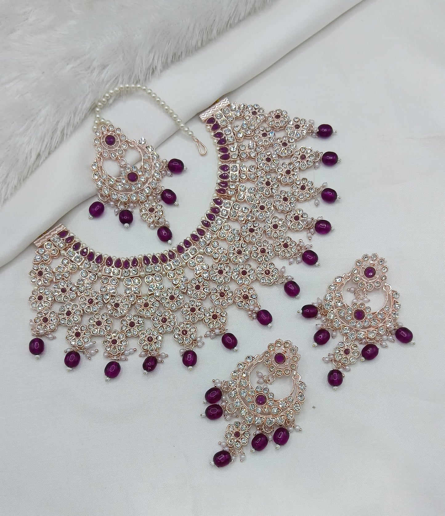 Rose Gold & White Stone Bridal Choker Set with Pearls