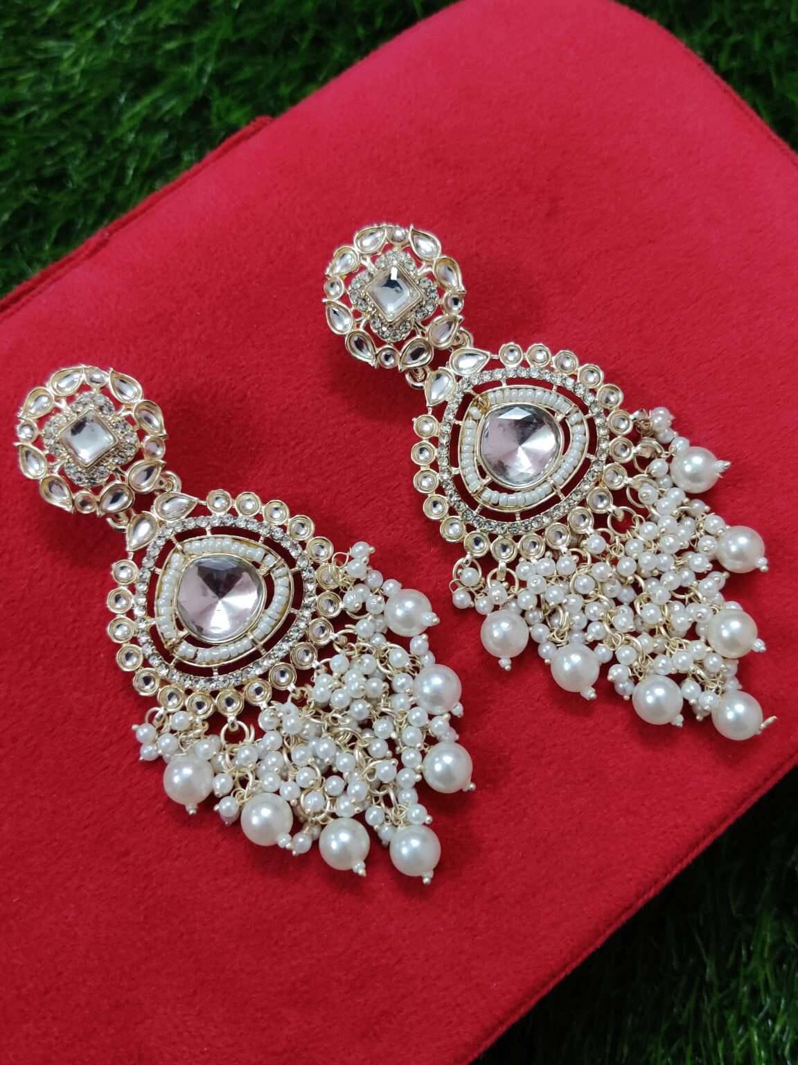 Royal White Kundan Encrusted Pearl Drop Earrings looking for specific wedding