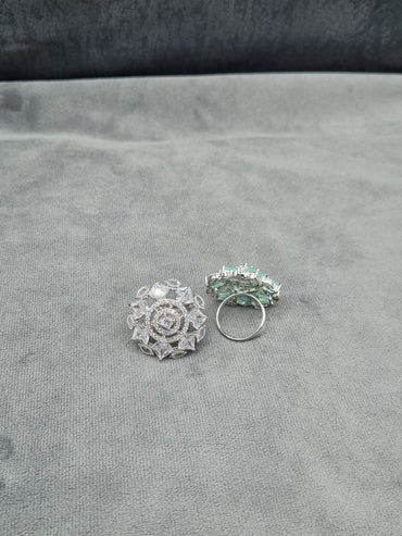 Silver Finish American Diamond Floral Statement Ring