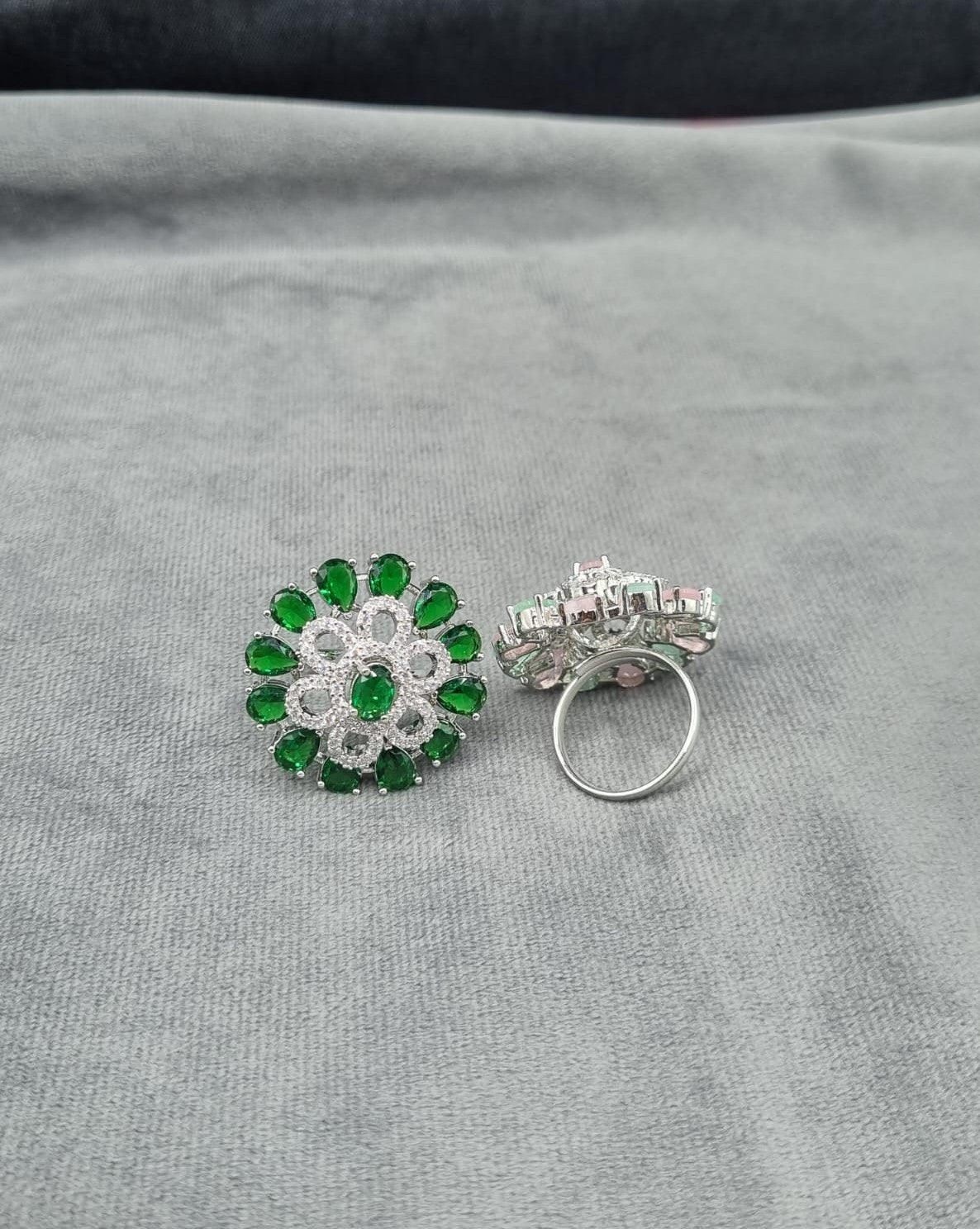 Deep Green American Diamond Floral Ring