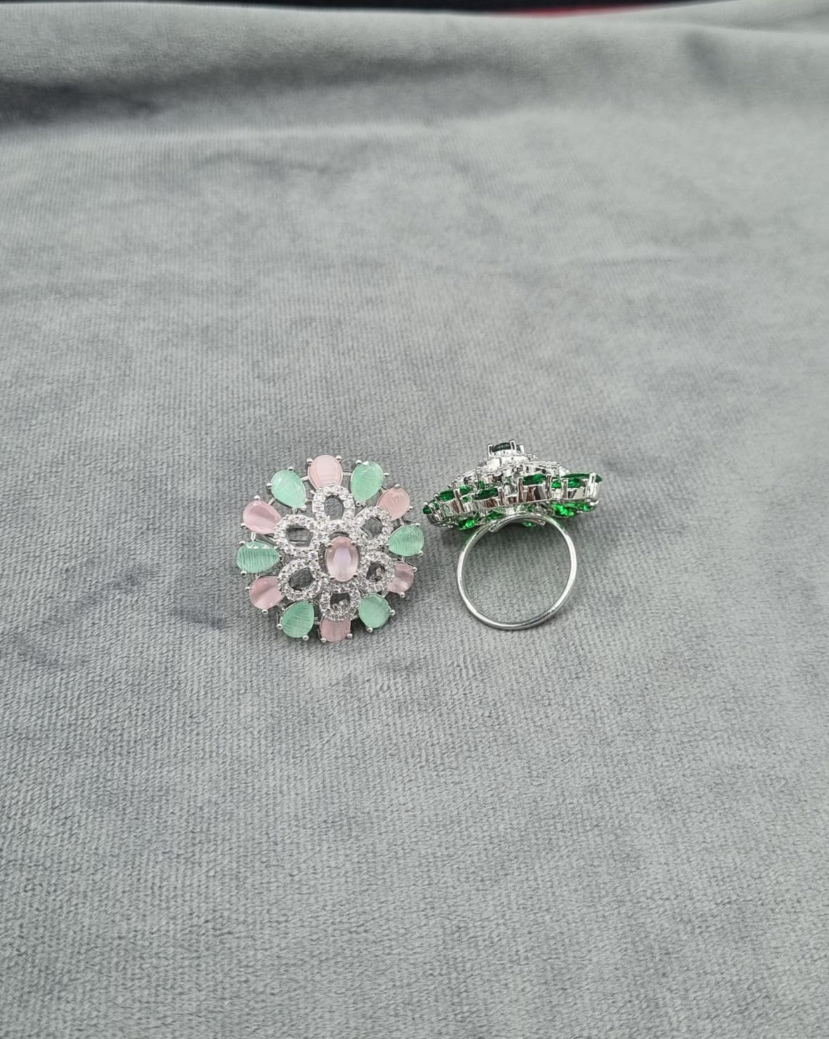 Deep Green American Diamond Floral Ring