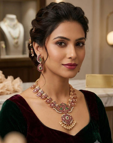 Traditional Ruby & Emerald Peacock Motif Medium Necklace Set with Earrings