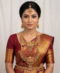 Grand Antique Gold Laxmi Temple Bridal Jewelry Set (Necklaces, Earrings, Maang Tikka & Vaddanam)