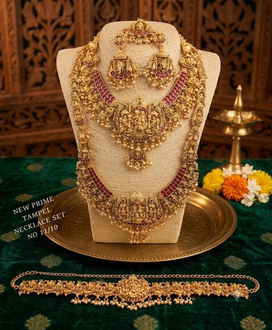 Grand Antique Gold Laxmi Temple Bridal Jewelry Set (Necklaces, Earrings, Maang Tikka & Vaddanam)