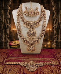 Grand Antique Gold Goddess Laxmi Temple Bridal Jewelry Set (Necklaces, Earrings, Maang Tikka & Vaddanam)