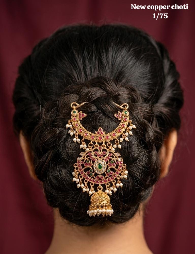 Traditional Antique Gold Temple Hair Clip with Jhumki & Pearl Drops