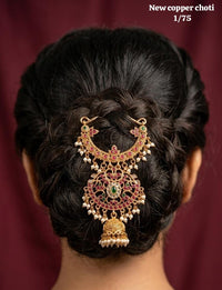 Traditional Antique Gold Temple Hair Clip with Jhumki & Pearl Drops