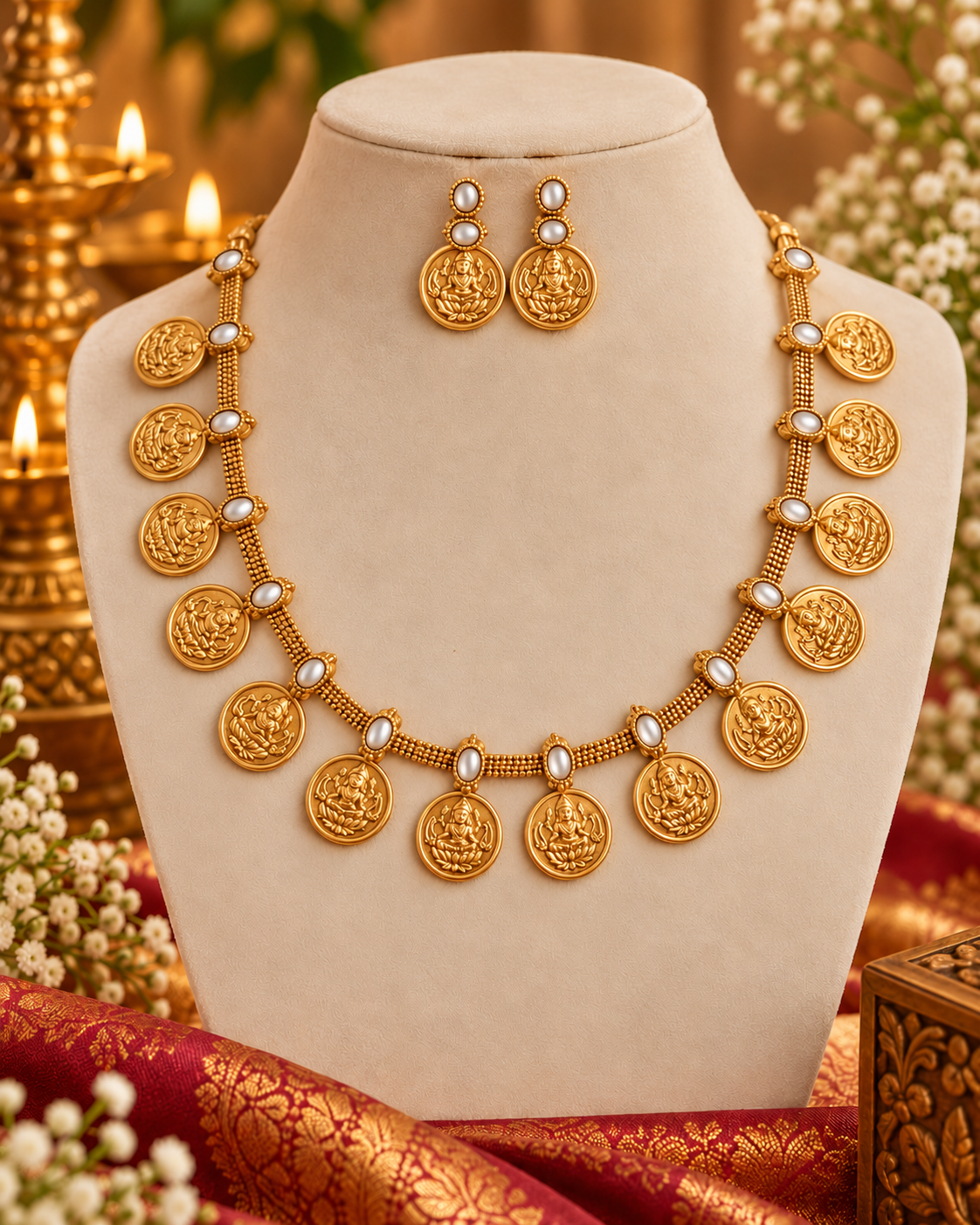 Elegant Pearl Accent Lakshmi Kasu Mala Necklace Set